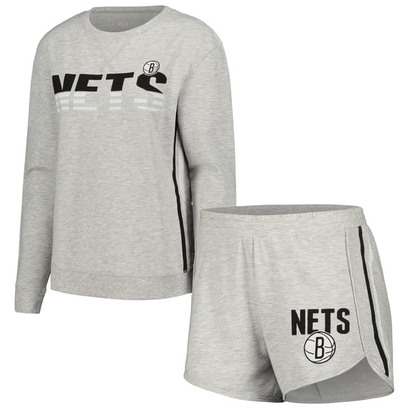 Women's Concepts Sport Gray Brooklyn Nets Cedar Long Sleeve Top & Shorts Sleep Set