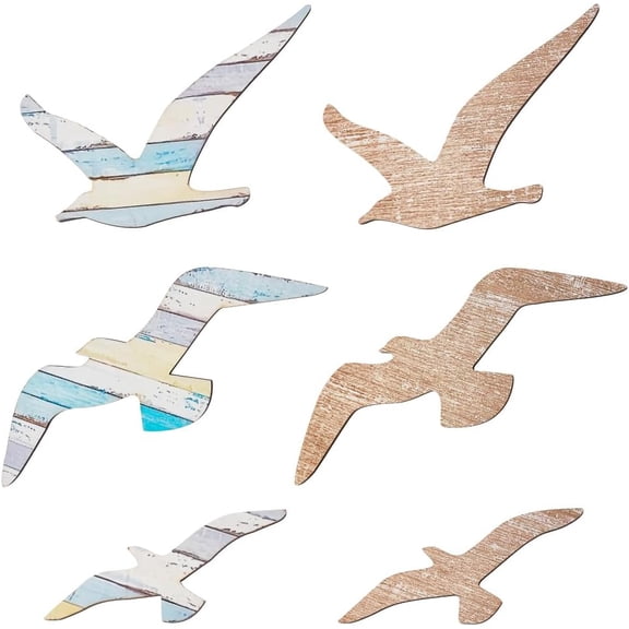 6Pcs 2 Colors Wooden Seagull Wall Decor Flying Sea Gulls Wall Sculptures with Hook and Double-sided Tape Coastal Themed Decors