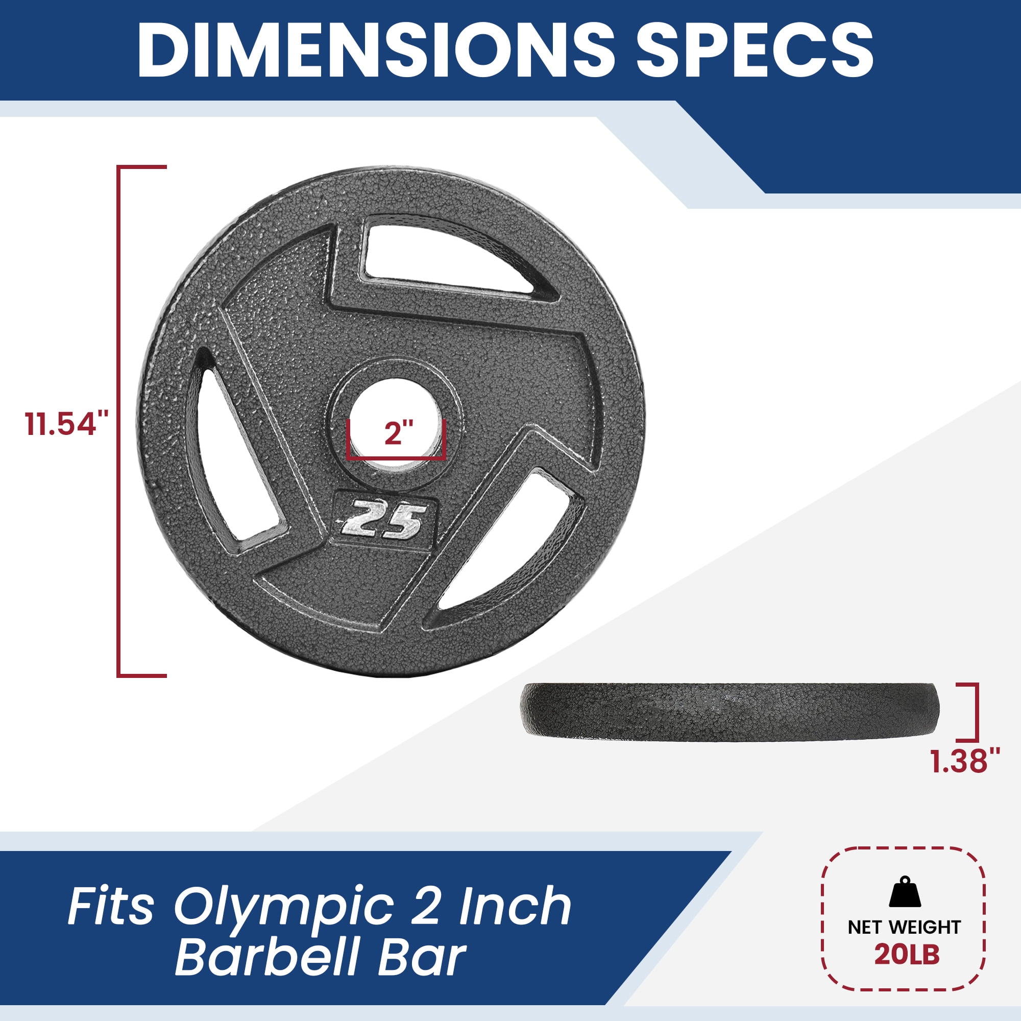 FlexWave Cast Iron Weight Plates, 2" Center Hole, Pair Set with 3-Grip Handles, Gray Rust-Resistant Finish