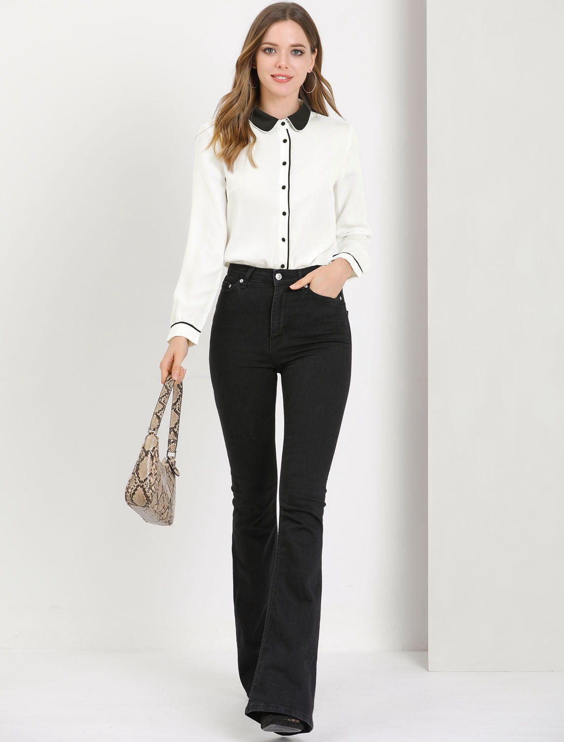 DARING DIVA Women's Button Down Long Sleeve Peter Pan Collar Blouse S White