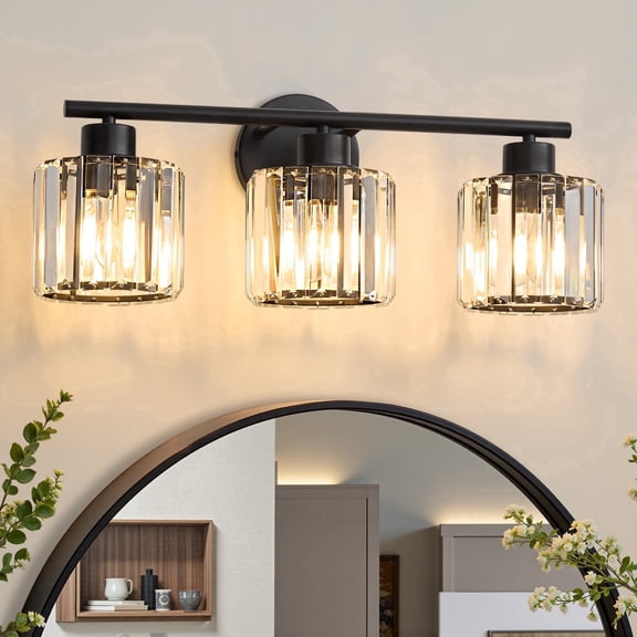 Deyidn Black Vanity Light, 3-Light Modern Bathroom Fixture with K9 Crystal Shades, 22 Inches, Dimmable