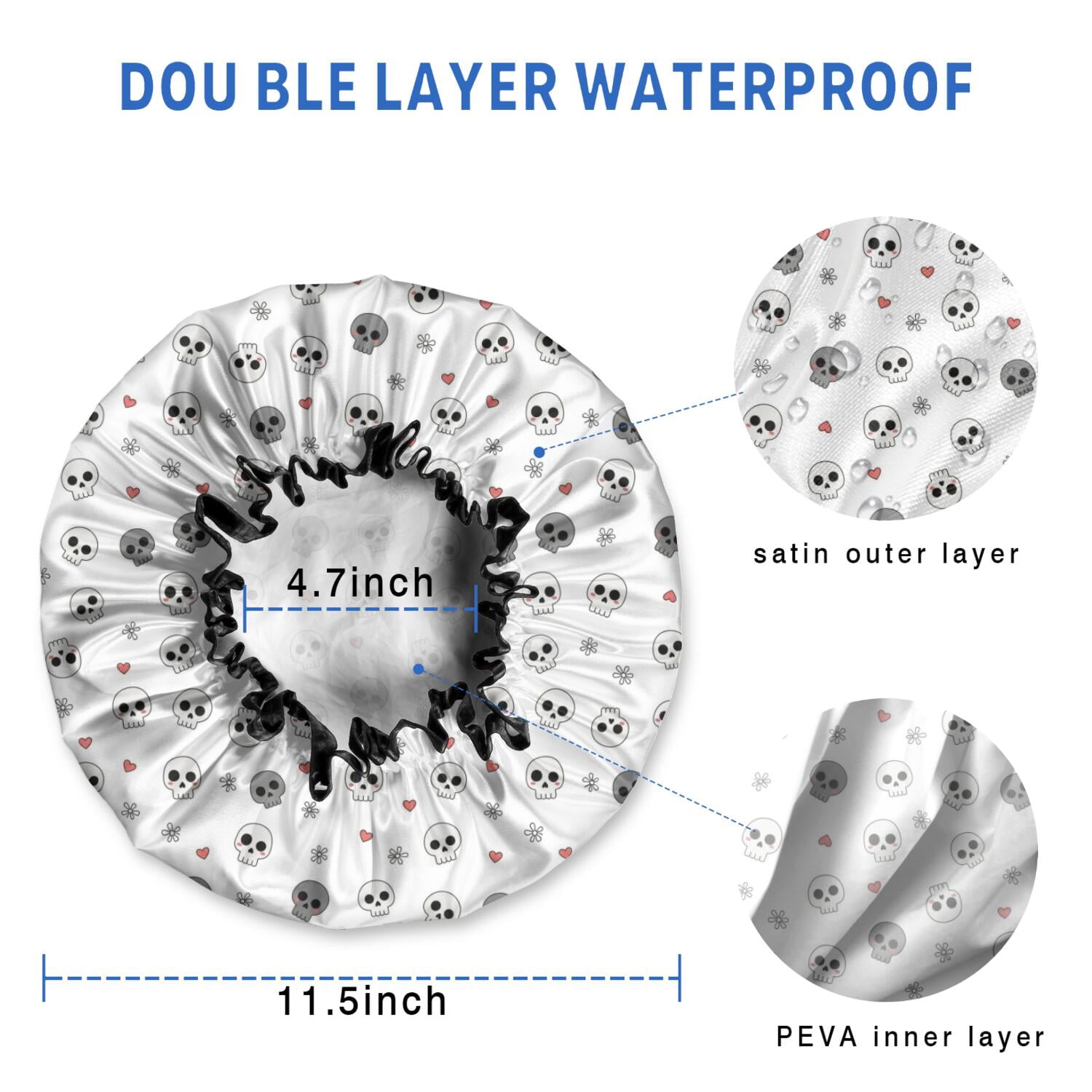 Shower Caps,White Skull Heart Flower Pattern Waterproof Shower Cap for Women 4 Pieces,Double Reusable Hair Cover for Shower PEVA Elastic Stretch Hem
