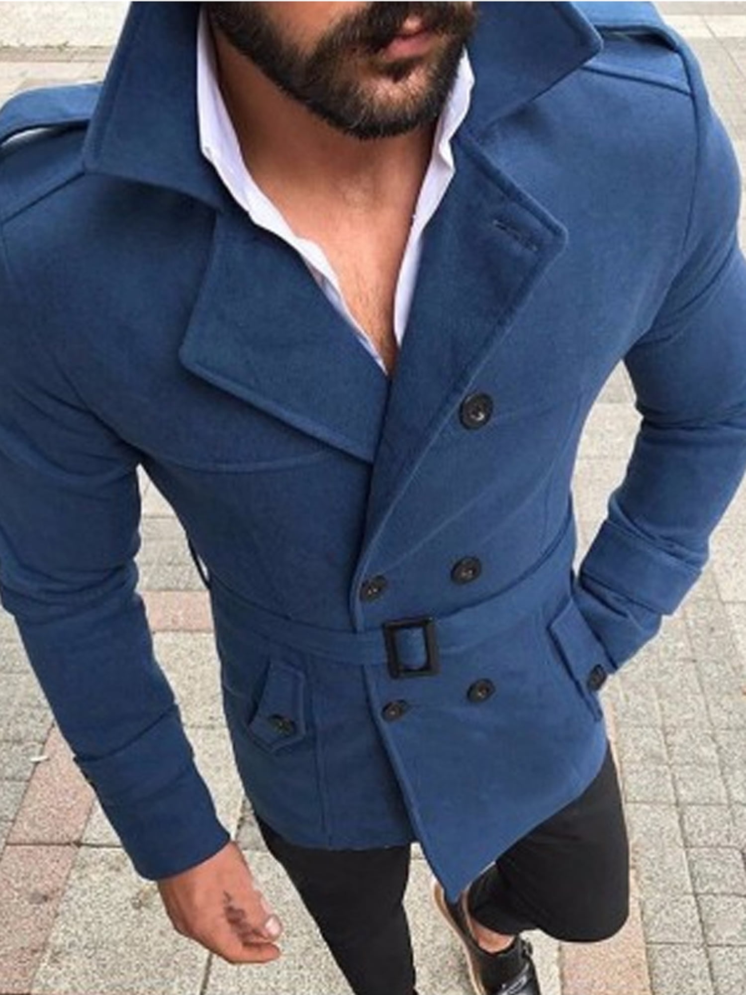 Men's Long Trench Coat Slim Lapel Double Breasted Belt Windbreaker Jacket Windproof Button Overcoat