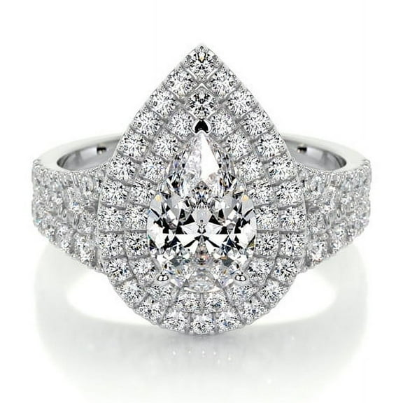 Blue Jewel 14K White Gold Plated Ring - Wedding Style - 1.8 Ct Pear Cut Lab Created Simulated Diamond - Solitaire with Accent Diamond Ring - Eternity Design with Double Halo Setting