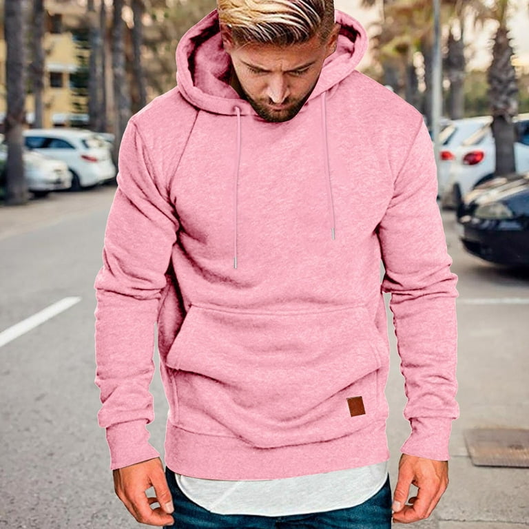 Hoodies For Men Men Solid Color Drawstring Hooded Pocket Leather Label Casual Hoodie Business Comfortable Loose Trendy Hoodie Pink L Walmart