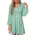 thumbnail image 1 of Vestido Corto Informal de Mujer con Cuello Redondo Fruncido, Botones, Larga y Cintura Entallada Verde L, 1 of 9