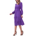 thumbnail image 4 of Vestido V de Cuello Inspire Chic para Mujer con Mangas de Linterna, Volantes, Corte A, Elegante, Casual, Midi, Color Púrpura, 4 of 6