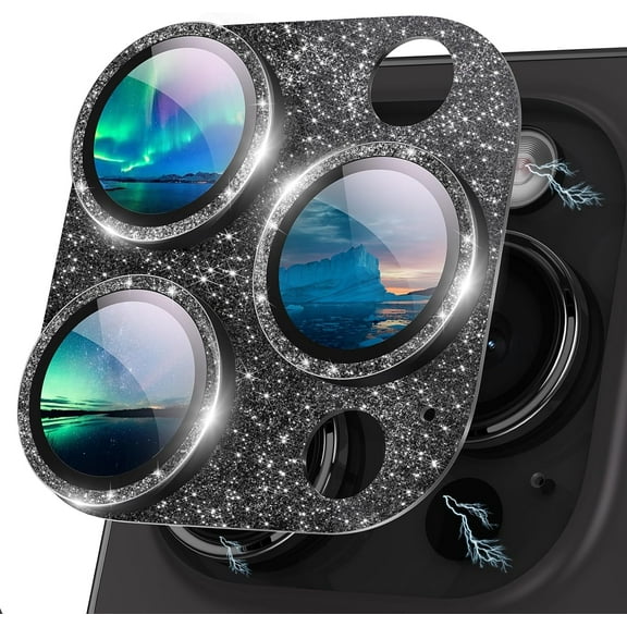 for iPhone 15 Pro/iPhone 15 Pro Max Camera Lens Protector Glitter [Full Coverage] [Case Friendly] Bling Sparkly Tempered Glass Camera Cover for iPhone 15 Pro Max Titanium Glitter Black