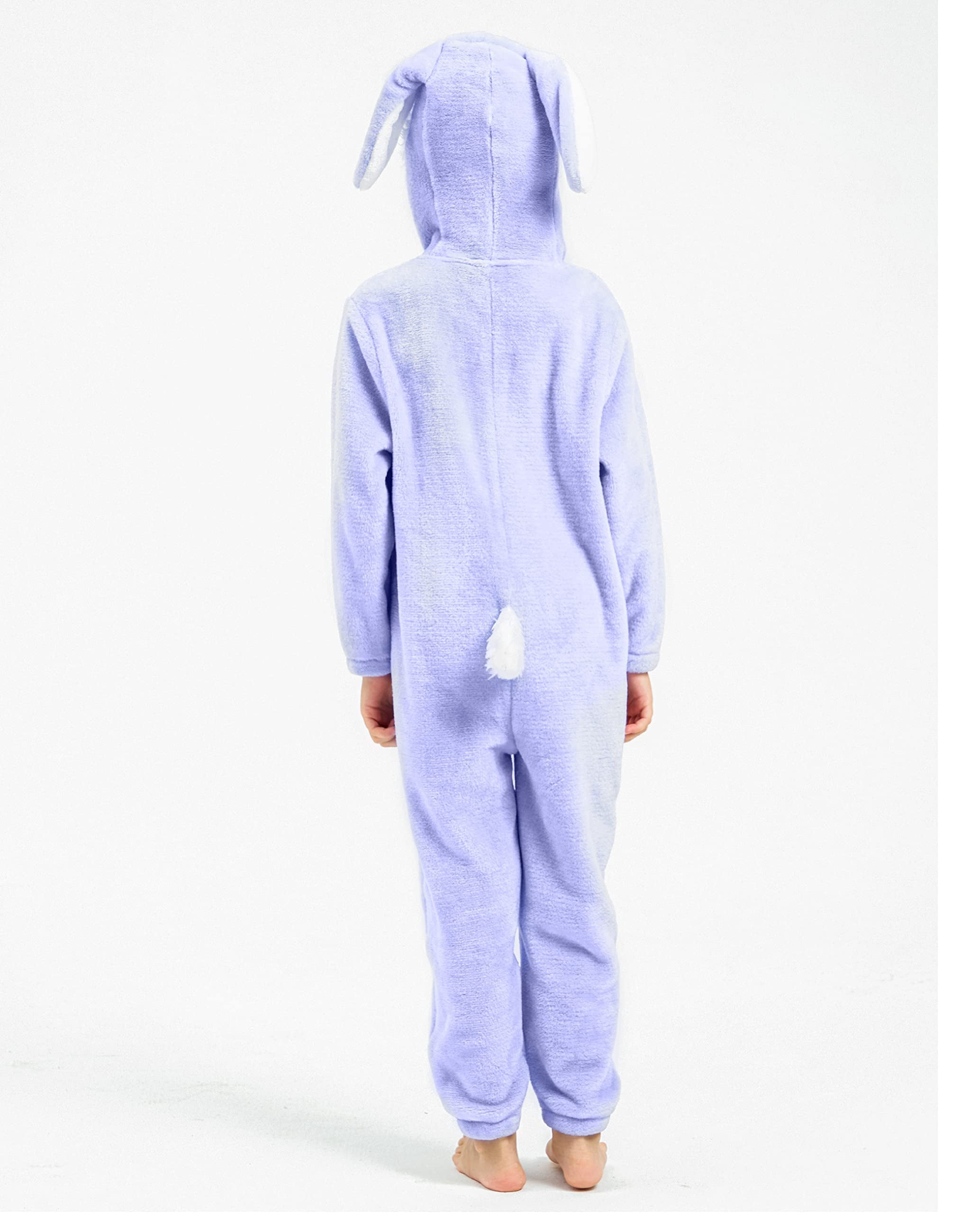 Easter Bunny Costume Purple Onesie Jumpsuit for Children Girls, Hooded Animal Romper Flannel Pajamas 3-12Years