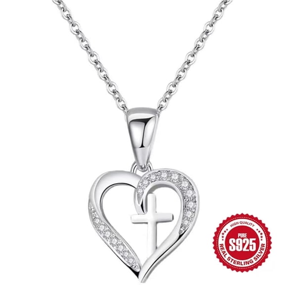 HESHPAWS S925 Sterling Silver Cross Pendant Necklace, Heart Chain Jewelry for Women, with Gift Box