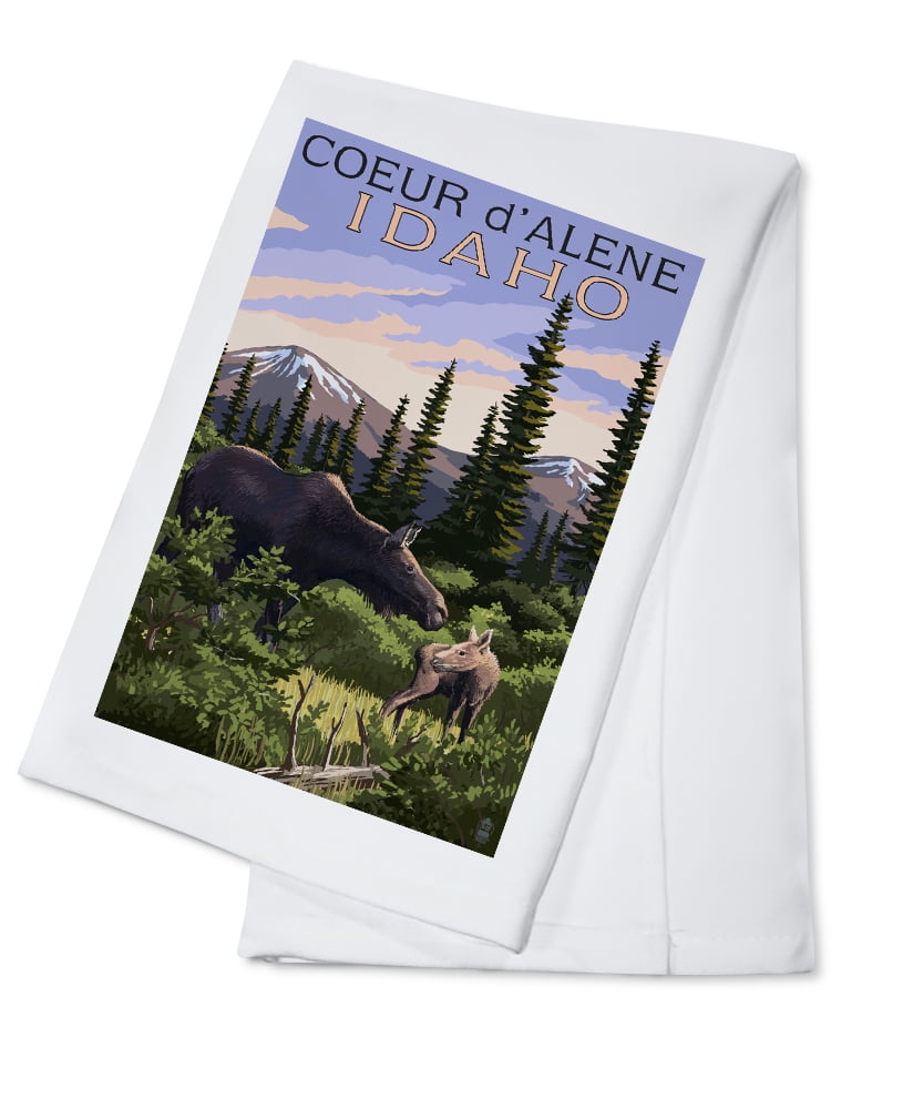 Coeur D'Alene, Idaho, Moose and Baby Calf (100 Cotton Tea Towel