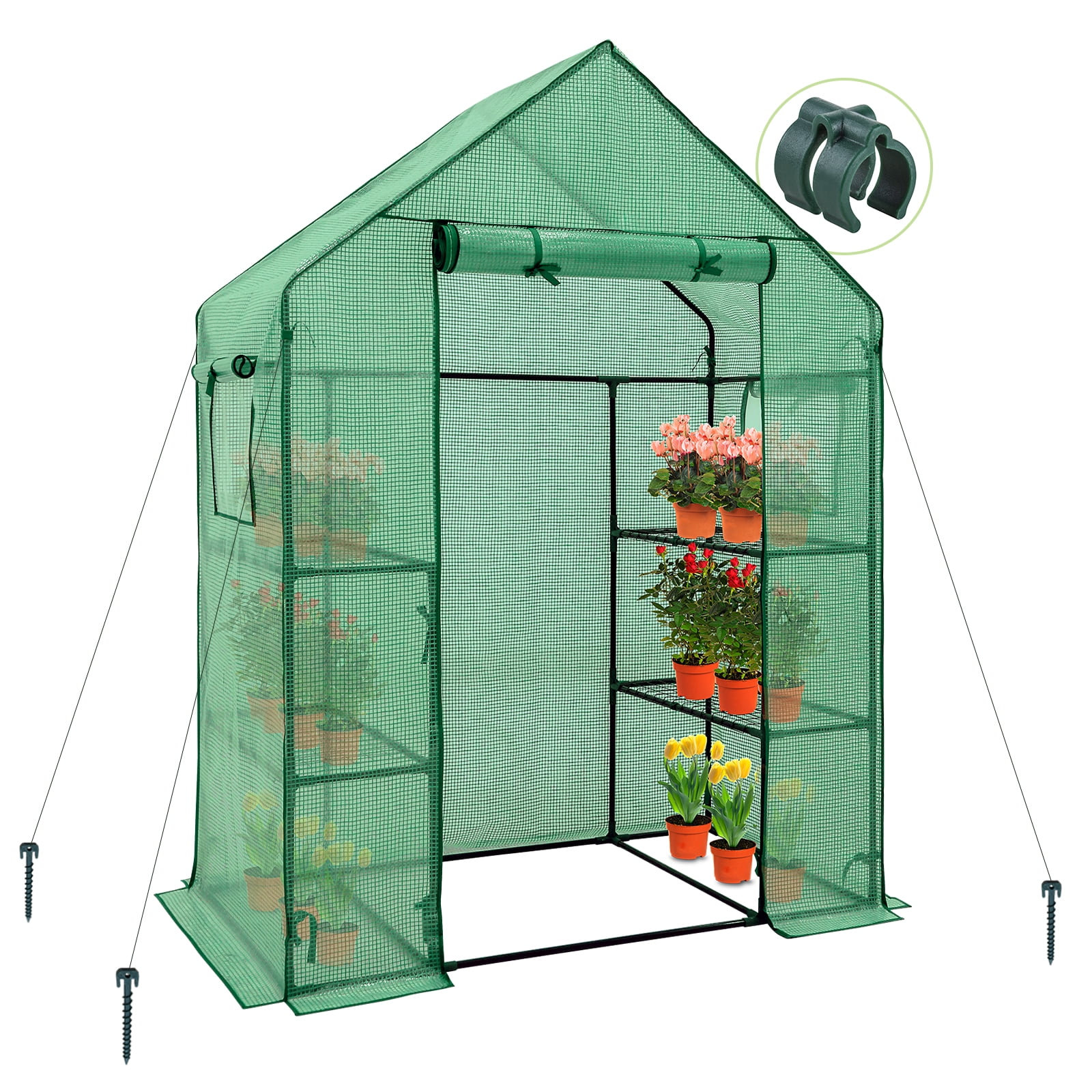 EAGLE PEAK 61'' x 28'' x 79'' Walk-in Greenhouse with 2 Tier 4 Shelves, Zipper Entry Door, and 2 Side Windows
