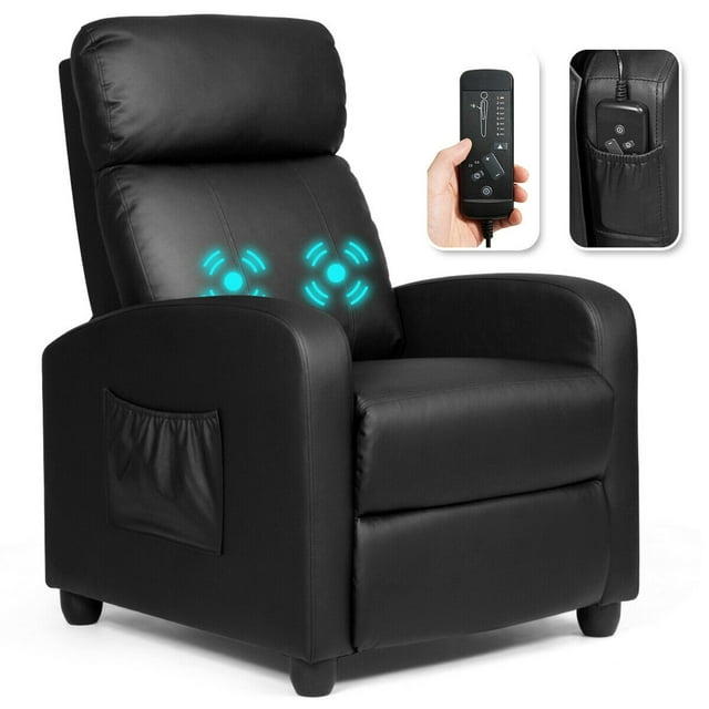 Gymax Massage Recliner Chair with 2 Vibrating Nodes and Adjustable Angles, Black PU Leather
