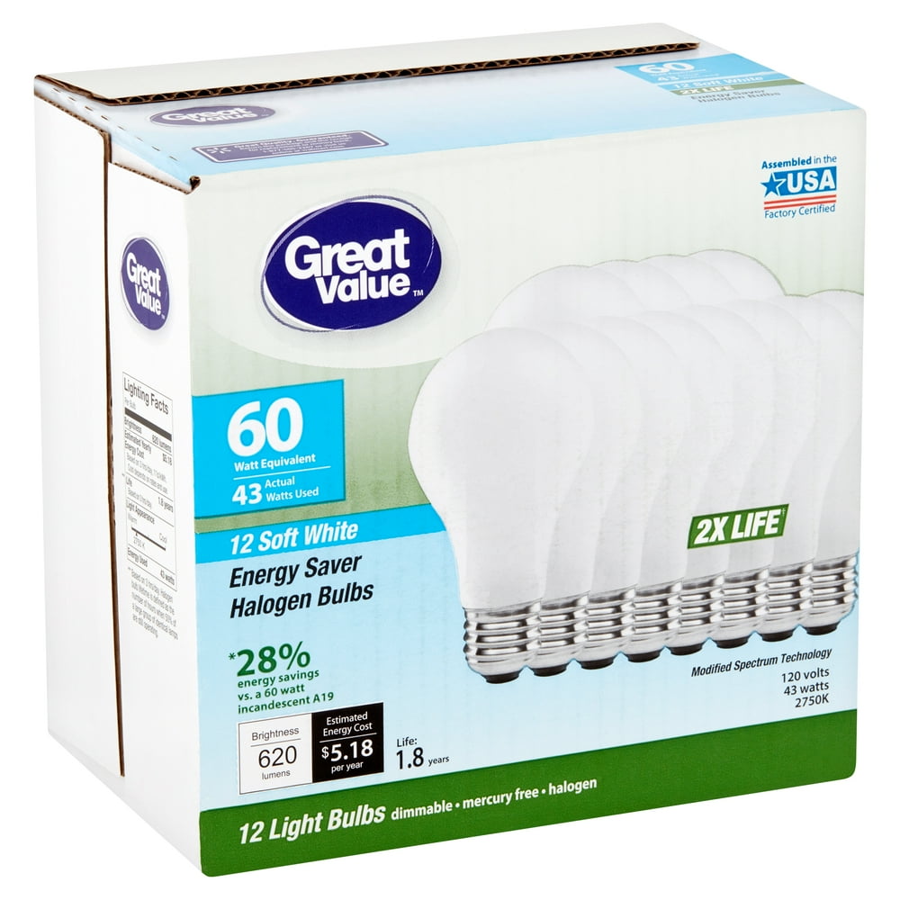 Great Value 43 Watts Soft White Energy Saver Halogen Medium Base Bulbs