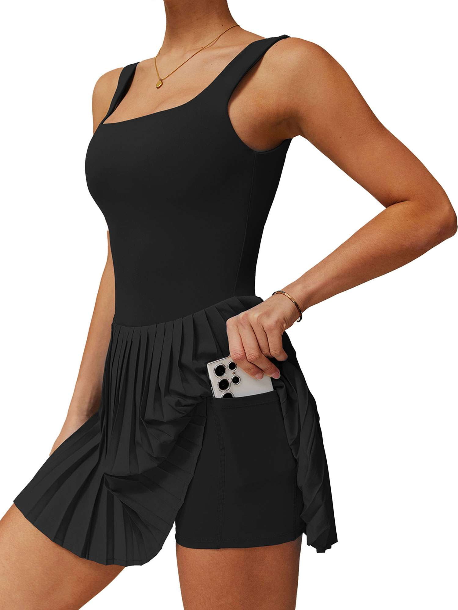 BadPiggies Tennis Dress Athletic Dress for Women Golf Workout Sleeveless Dresses Built in Shorts and Bra (S, Black)