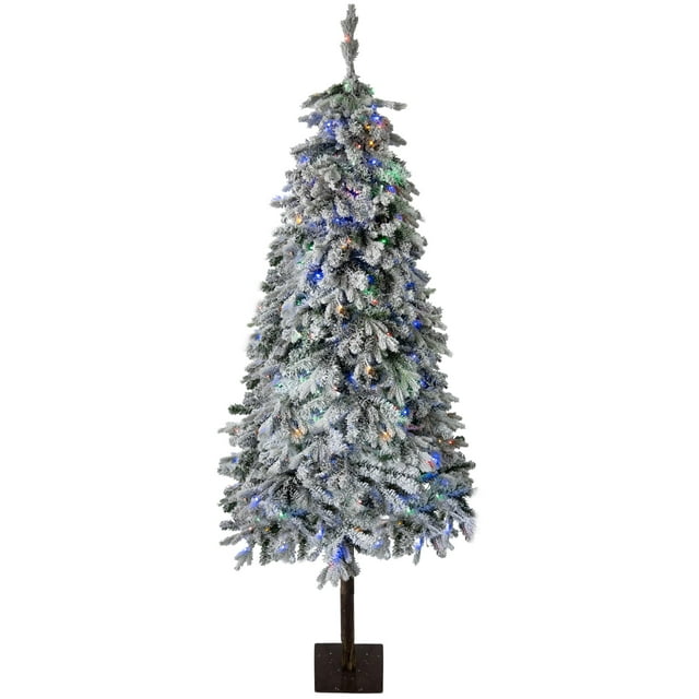 6ft/7ft Pre-Lit Christmas Tree with Color Changing Lights, Artificial Xmas Tree with Branch Tips, 8 Modes Slim Hinged Design & Metal Stand for Christmas Gift