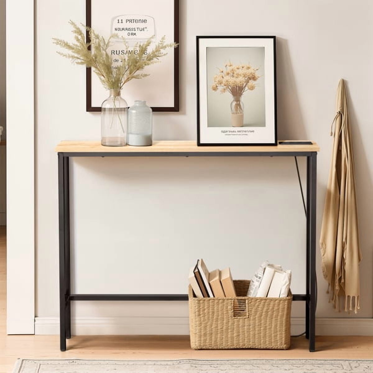 39.4" Narrow Console Sofa Table with Power Outlets and USB Ports, Skinny Couch Table with Metal Frame and Charge Station with 4.9ft Extension Cord, Oak