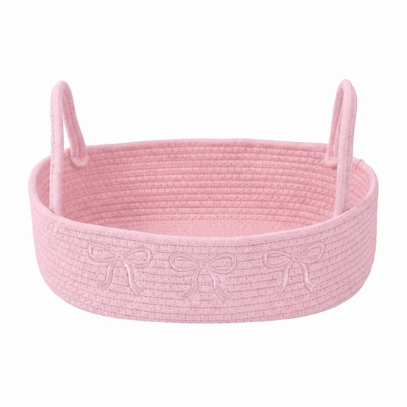 13×6×4 Inch Pink Woven Storage Basket with Bow & Handle, Boho Cotton Rope Organizer, Decorative Basket for Bathroom, Bedroom, Nursery, Toys and Sundries
