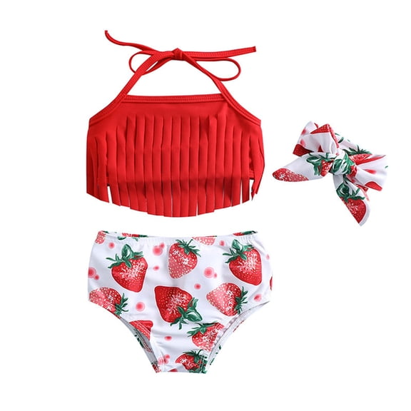 Caqnni Summer Toddler Girls Bowknot Strawberry Prints Tassel Three Piece Swimwear Swimsuit Bikini Headband Set Swimwear Suit for Summer Vacation 9-12 Months Red