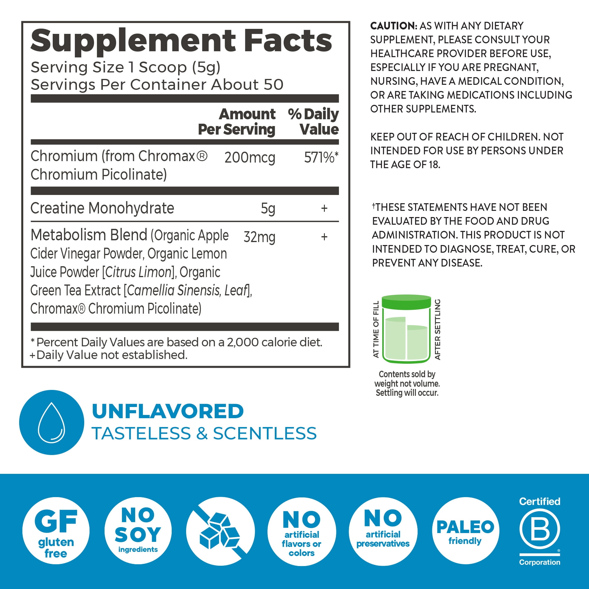 Orgain Creatine Lean Muscle Monohydrate Powder, Metabolism Blend, Unflavored, 50 servings, 8.82 oz