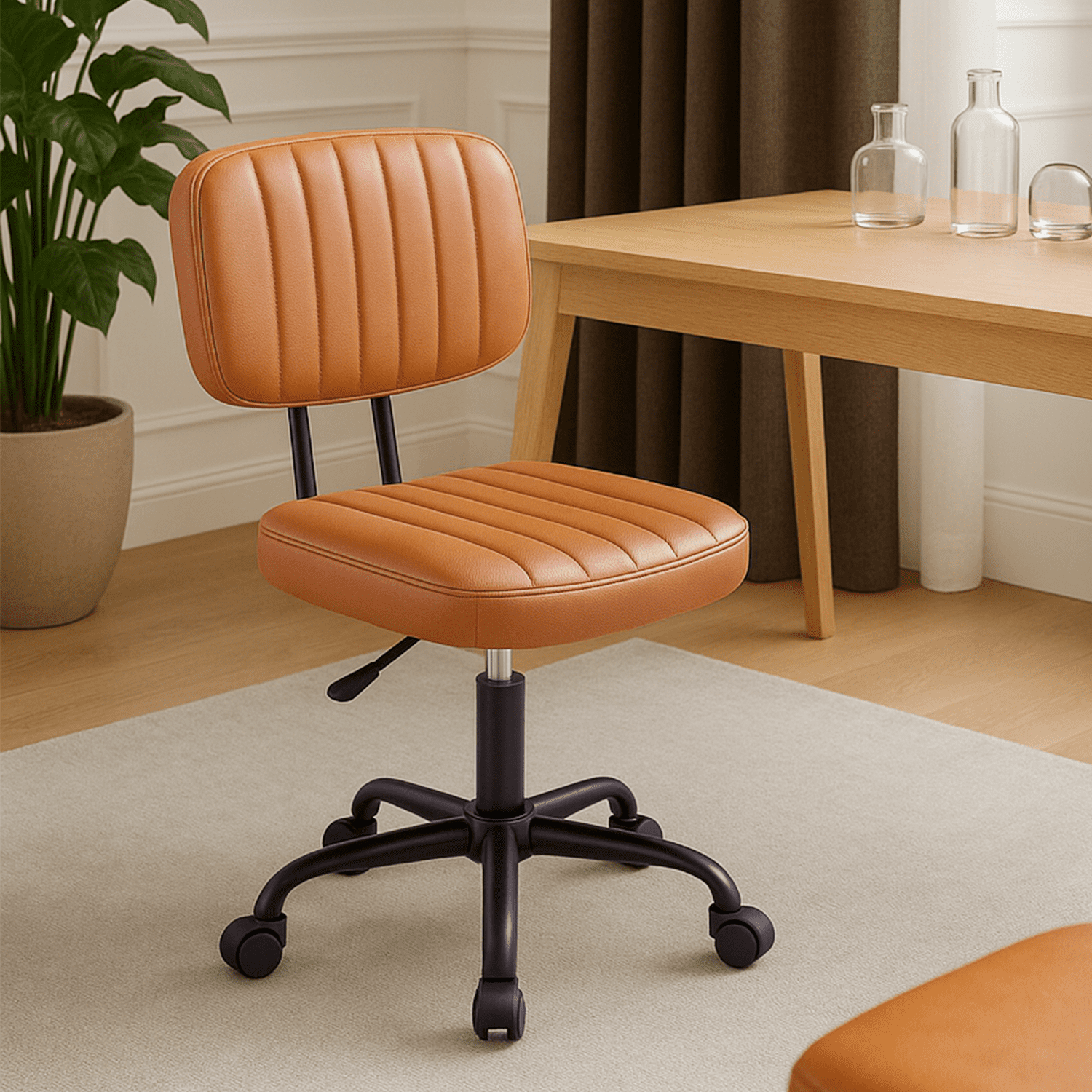 LIFERECORD PU Leather Armless Home Office Desk Chair, Small Ergonomic Task Chair for Adults and Students, Low Back Seating with Swivel, Adjustable Height, Rolling Wheels, Brown