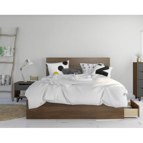 Nexera 402110 3-Piece Bedroom Set With Bed Frame, Headboard & Nightstand, Queen|Walnut & Charcoal