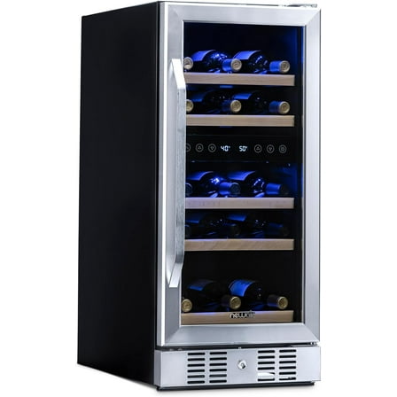 Restored Newair AWR-290DB-RB 15" Dual Zone Wine Fridge with Beech Wood Shelves, 29 Bottles, Stainless Steel (Refurbished)