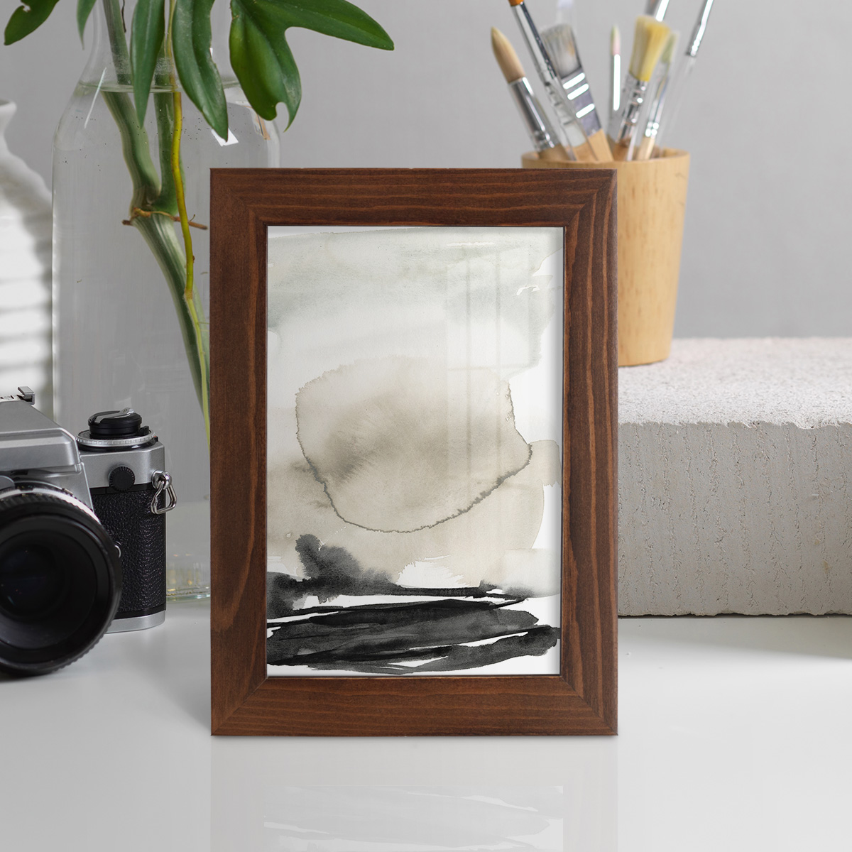 Ebony Horizon Triptych II - Framed Print w/glass - Chestnut