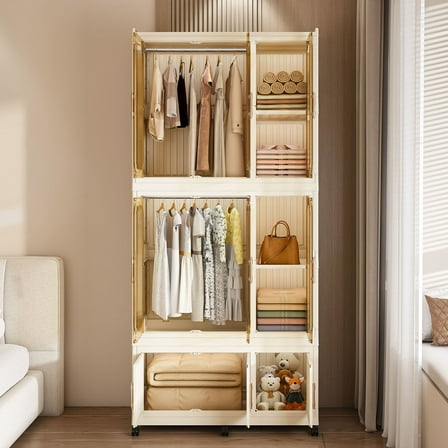 Portable Wardrobe Closet Organizer in Cream White with 9 Magnetic Doors and 9 Cubes for Kids Storage Solutions