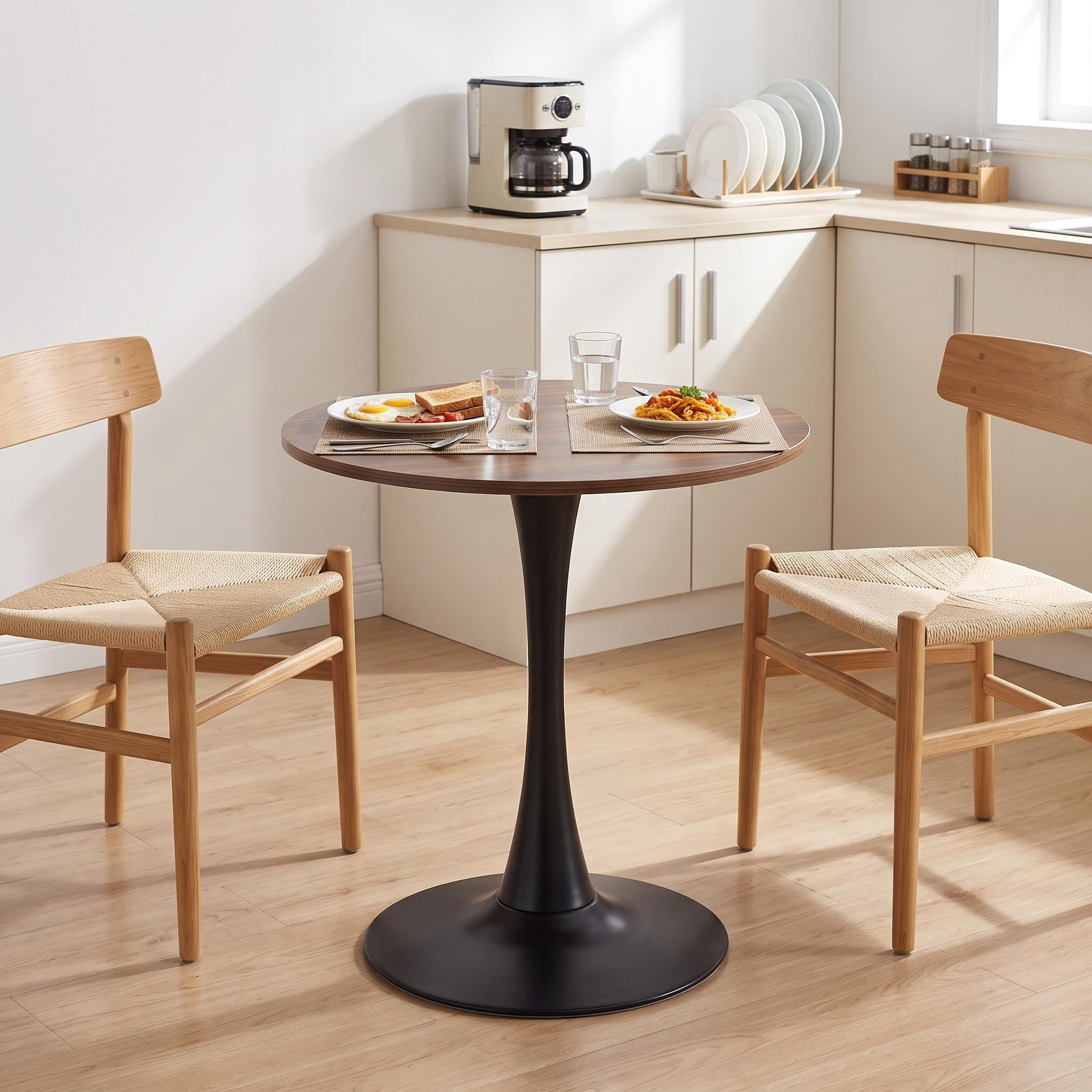 Homy Casa 24" Round Dining Table for 2, Small Kitchen Table with Walnut Finish and Black Iron Pedestal Base, Brown