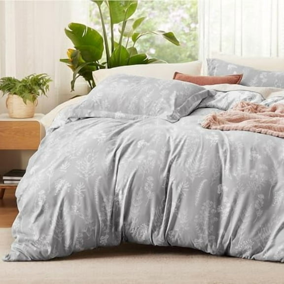 Duvet Cover Queen Size - Reversible Grey Queen Duvet Cover Set with Zipper Closure, 3 Pieces Botanical Floral Patterned Bedding Set with 8 Corner Ties and 2 Pillow Shams