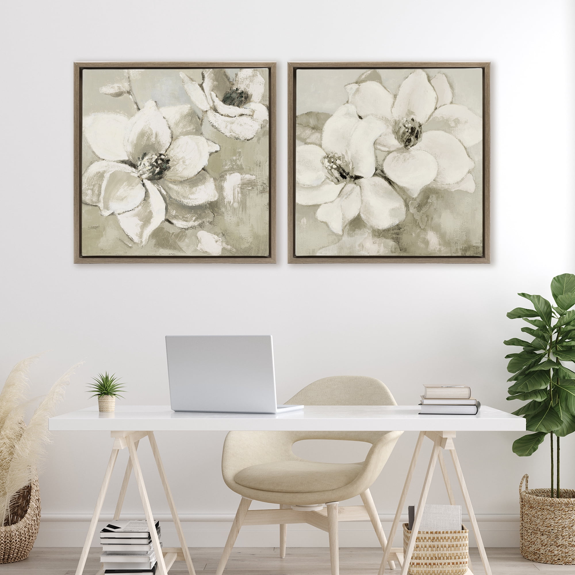 Stupell Industries Beige Magnolias after Rain 2 Piece Brown Framed Floater Canvas Set, design by Lanie Loreth