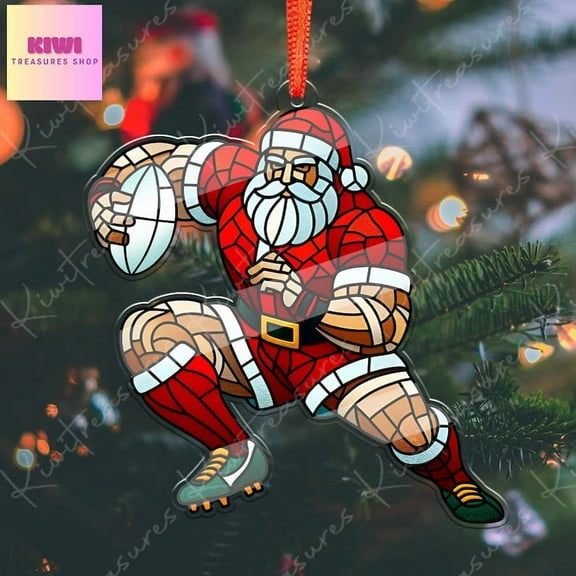 TiniDecor Rugby Santa Ornament 2025, Stained Glass Style Acrylic, Funny Christmas Tree Hanging