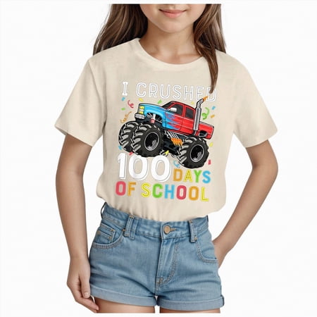 Hessimy Girl s Short Sleeve Graphic Tees Crew Neck Beach Tops Casual Summer T-Shirts Beach Tee(Beige 11-12 Years)