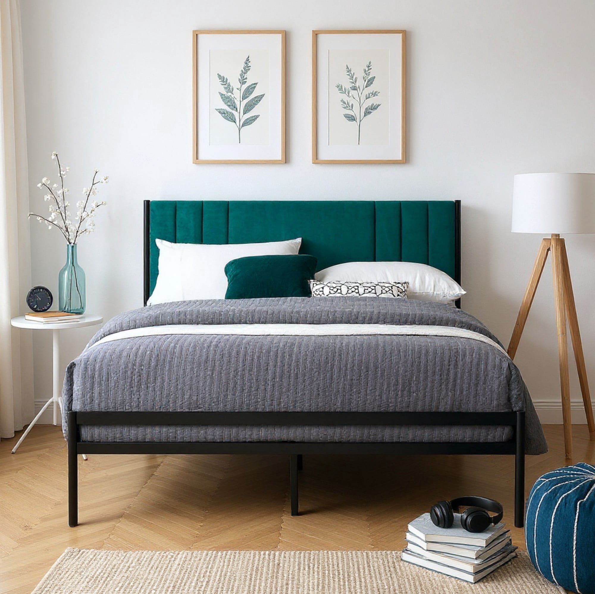Gewnee Green Full Size Upholstered Platform Bed Frame Velvet Headboard Metal Frame Wood Slat Support No Box Spring Required for Bedroom