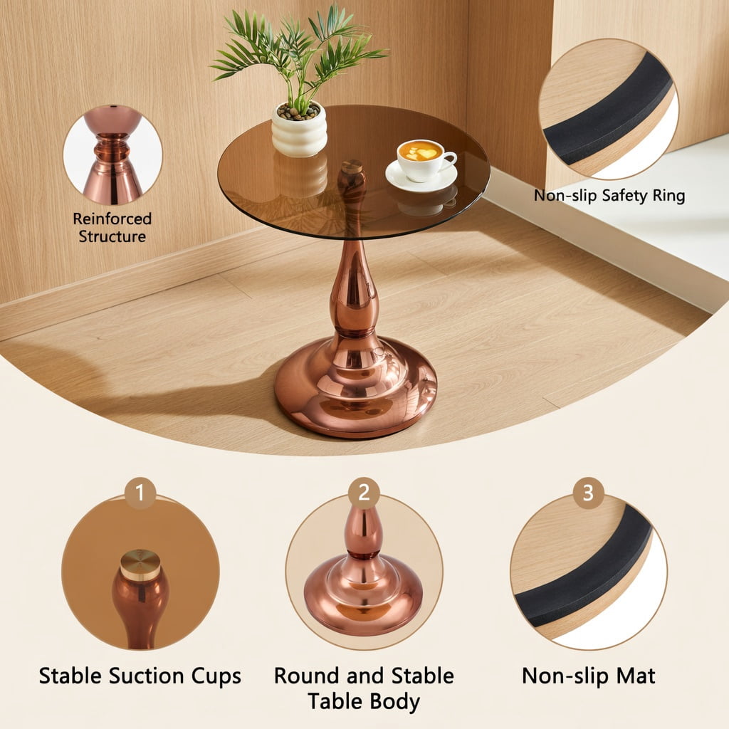 Hommoo Modern Metal Side Table with Tempered Glass Top, 20.3 in Height, 19.6 in Round Tabletop for Bedroom, Living Room, or Patio, Rose Gold