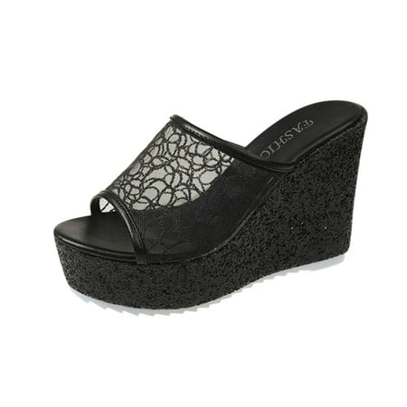 

Jsezml Wedge Sandals for Women Glitter Sequins Chunky Platform Sandals Open Toe Sexy Sheer Mesh Dressy Sandal with Arch Support