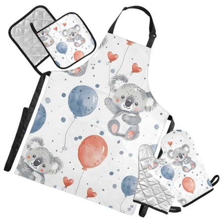 5 Pcs Kitchen Set Heat Resistant Oven Mitts and Non-Slip Pot Holders with Adjustable Cooking Apron Cartoon Koala with Balloon