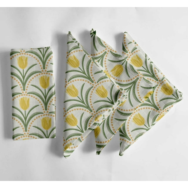 Vargottam White Cotton Muslin Napkins - Set of 12, 20x20 Inches, Elegant Yellow Tulip Print, Perfect for Spring Celebrations, Tea Parties, and Daily Dining - Machine Washable