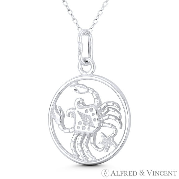 Cancer the Crab Zodiac Sign & Star Charm 35x23mm (1.4x0.9in) Pendant & Chain Necklace in .925 Sterling Silver