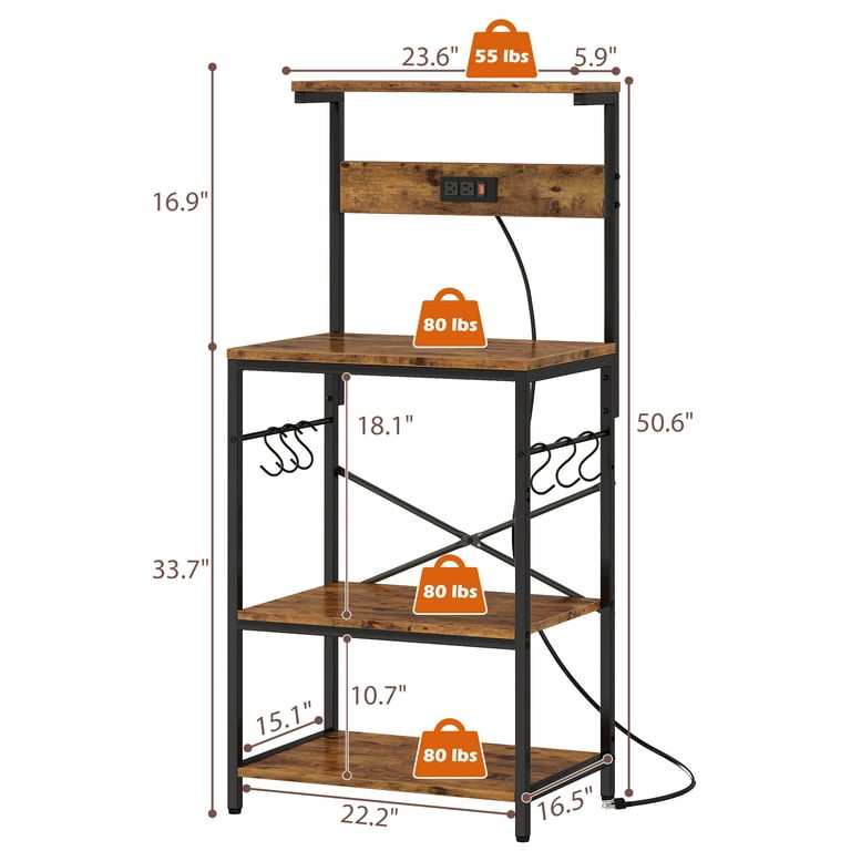 SUPERJARE Bakers Rack with Power Outlets, 65H Coffee Bar, 5-Tier Microwave  Stand with Storage, Coffee Station, Kitchen Rack with 6 S-Hooks, Kitchen