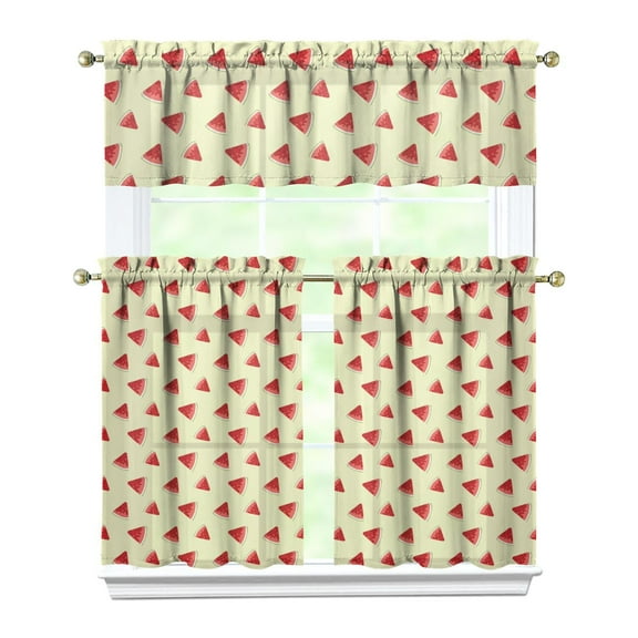 3 PCS Watermelon Print Kitchen Curtains Set with Valance - Tropical Summer Fruit Pattern Semi-Sheer Tier Curtains for Farmhouse Windows (54x18 2x27.5x38 Inch)