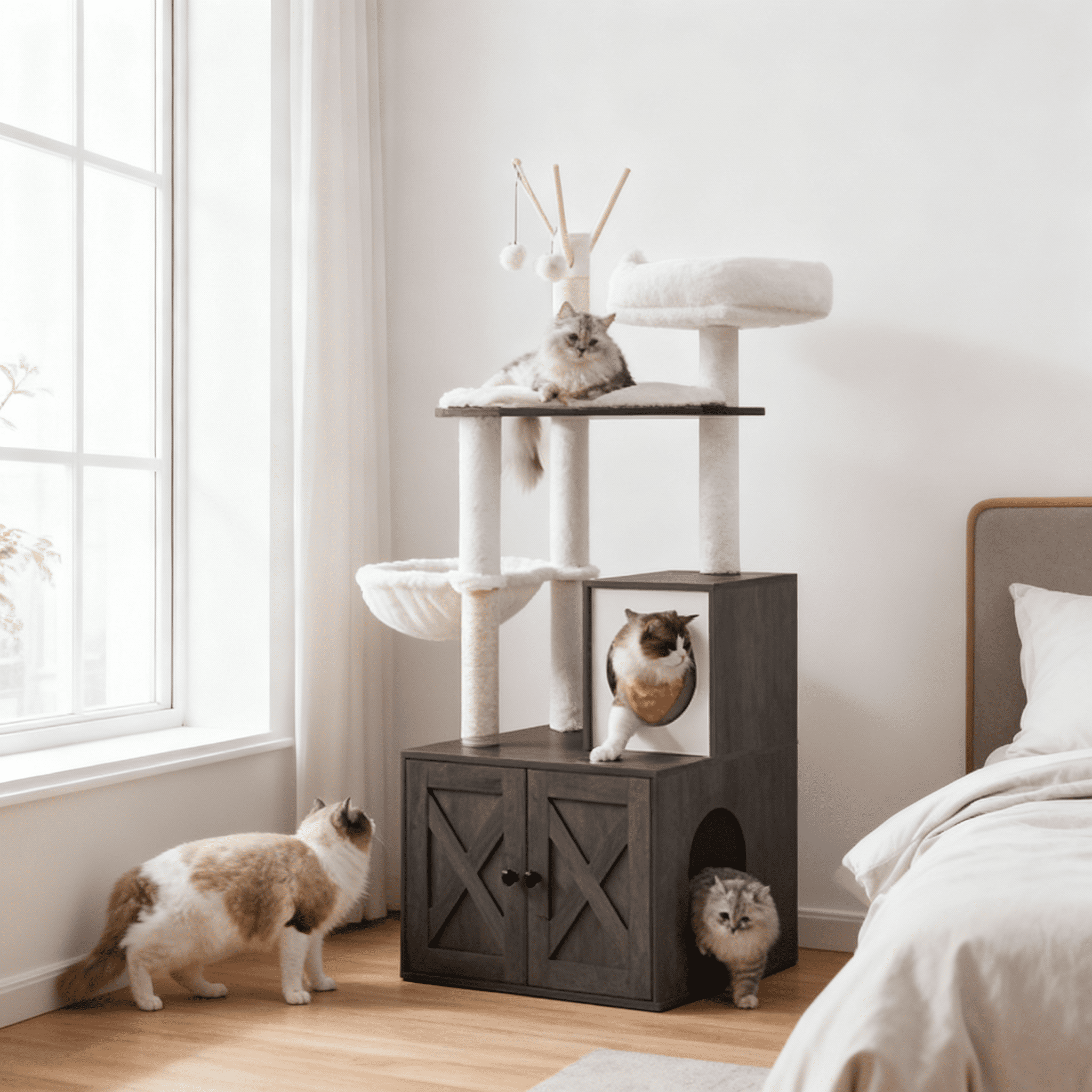 LEDREM 55.1" 2-in-1 Cat Tree & Litter Box Enclosure, Modern Cat Tower with Scratching Posts, Removable Toys, Space-Saving Design, Misty Gray
