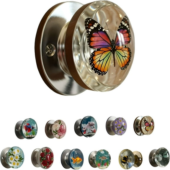 LAMIRO Crystal Knob, Unique Decorative Door Handle, Universal Round Resin Glass Door Knobs, Retro Floral & Animal Designs (Butterfly)