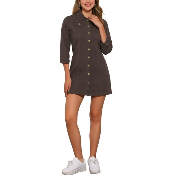 Vestido de mezclilla para mujer INSPIRE CHIC con mangas 3/4, botón, mini vestido de camisa de mezclilla, talla L, marrón oscuro