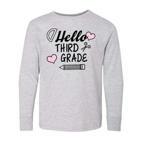 Inktastic Hello 3rd Grade with Hearts and School Supplies Long Sleeve Youth T-Shirt