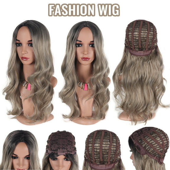 DOPI Wig Long Curly Hair Brown Gray Gradient Headgear Big Wave Wig Headgear(2Pack)