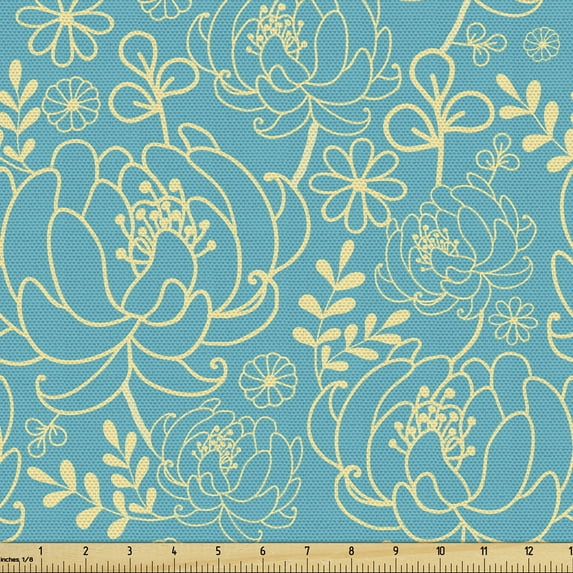 Yellow Blue Sofa Upholstery Fabric by the Yard, Classic Floral Twig Leaves Blooms Petals Essence Flowers Design, Decorative Fabric for DIY & Home Accents, 5 Yards, Turquoise Pale Yellow by Ambesonne