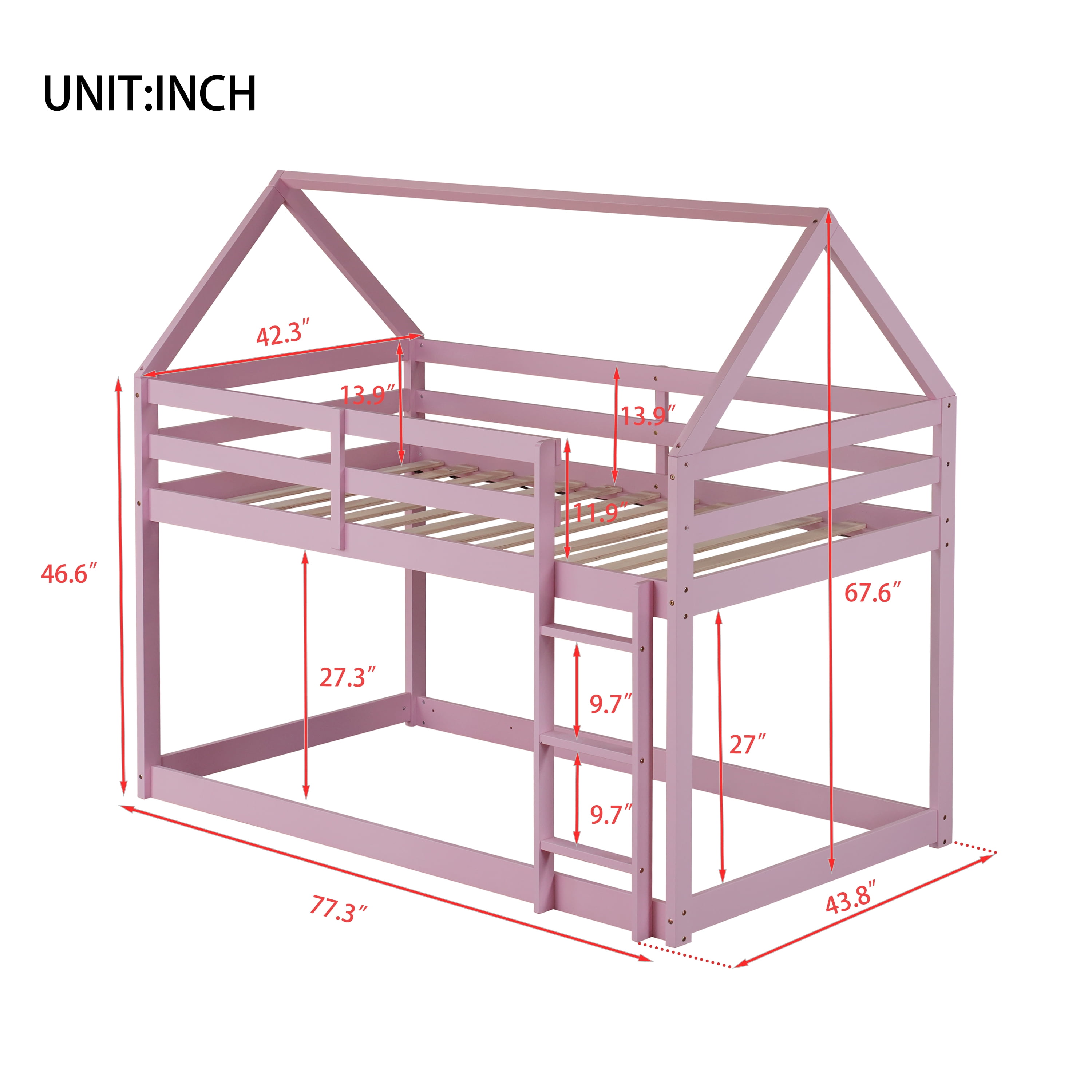 Miniyam Wood Twin over Twin Bunk Bed, House-Shaped Design for Kids and Teens, Pink