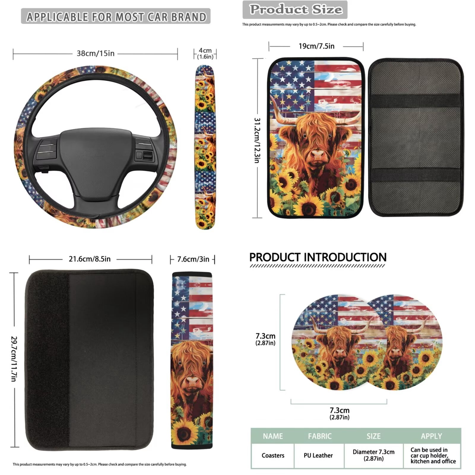 Binienty Sunflower Highland Cow Print Automotive Seat Covers with Armrest Cover Seat Headrest Cover Seat Belt Shoulder Strap Covers Keychain 14 Pieces American Flag Car Interior Accessories Set